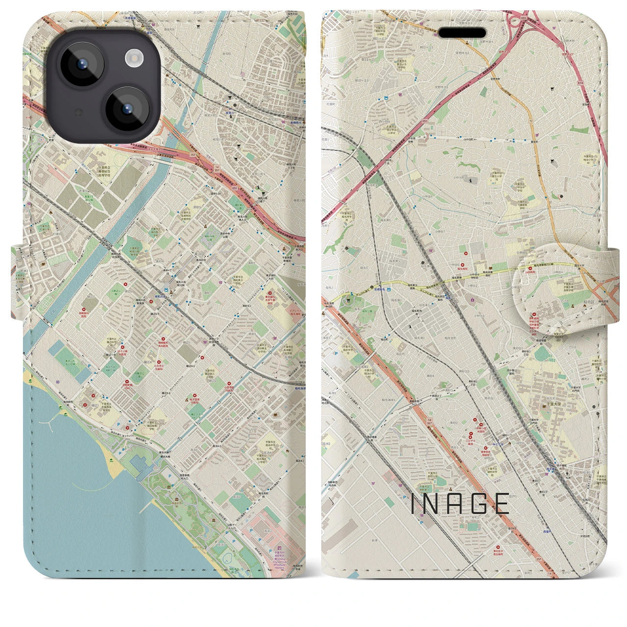 【稲毛】地図柄iPhoneケース（手帳両面タイプ・ナチュラル）iPhone 14 Plus 用