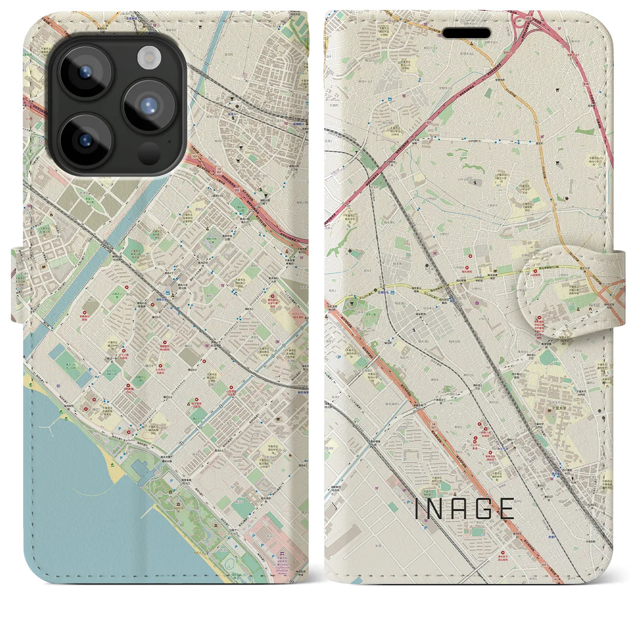 【稲毛】地図柄iPhoneケース（手帳両面タイプ・ナチュラル）iPhone 15 Pro Max 用