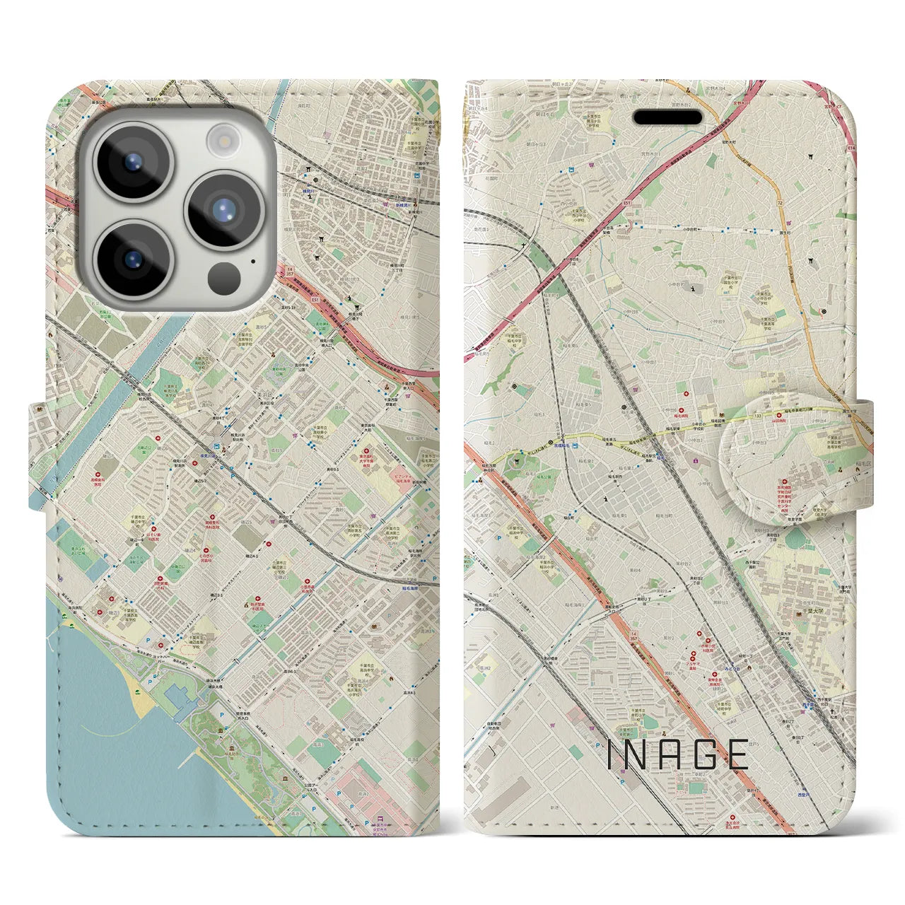 【稲毛】地図柄iPhoneケース（手帳両面タイプ・ナチュラル）iPhone 15 Pro 用