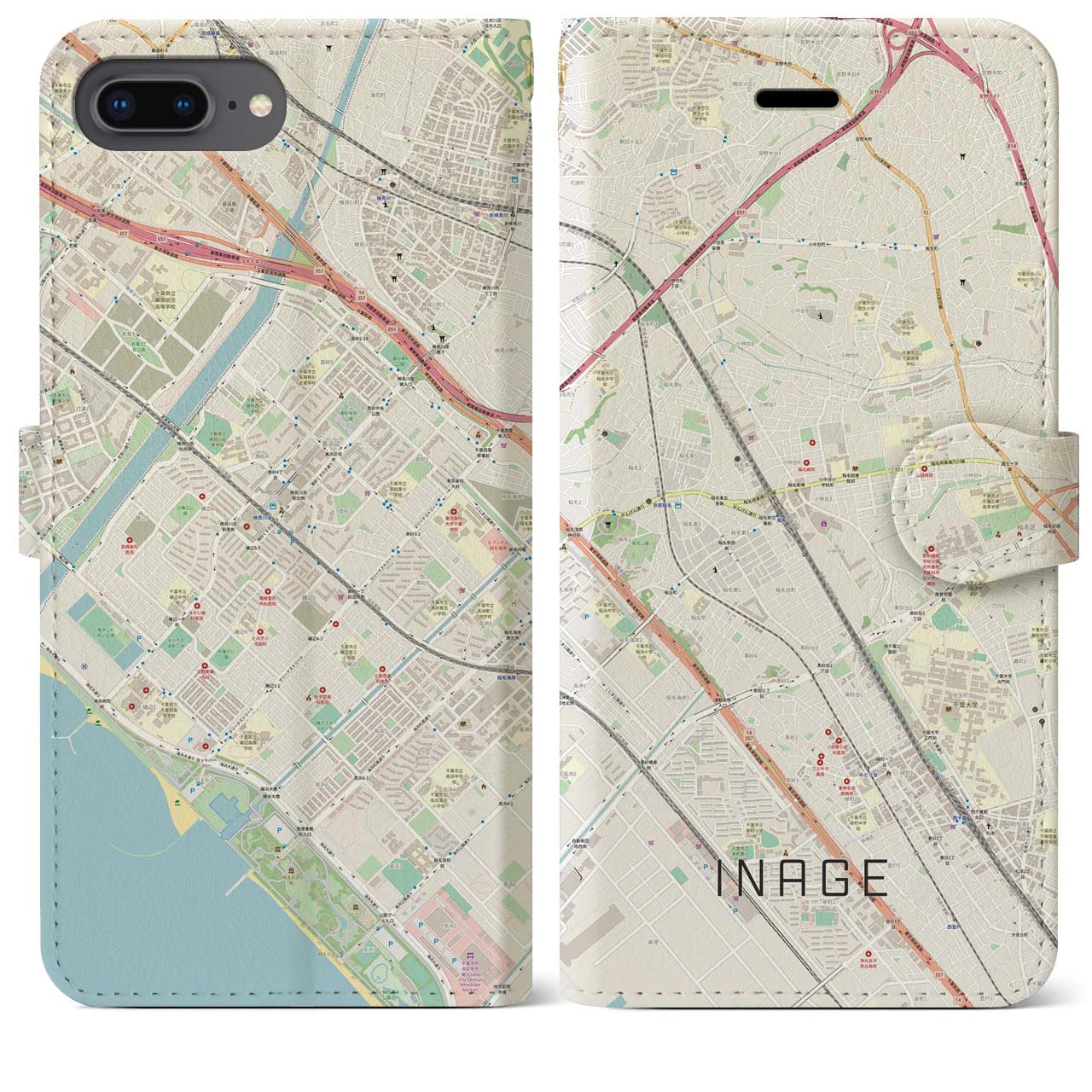 【稲毛】地図柄iPhoneケース（手帳両面タイプ・ナチュラル）iPhone 8Plus /7Plus / 6sPlus / 6Plus 用