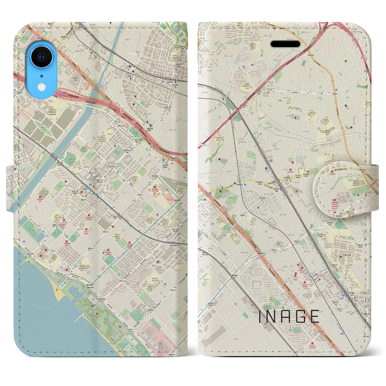 【稲毛】地図柄iPhoneケース（手帳両面タイプ・ナチュラル）iPhone XR 用
