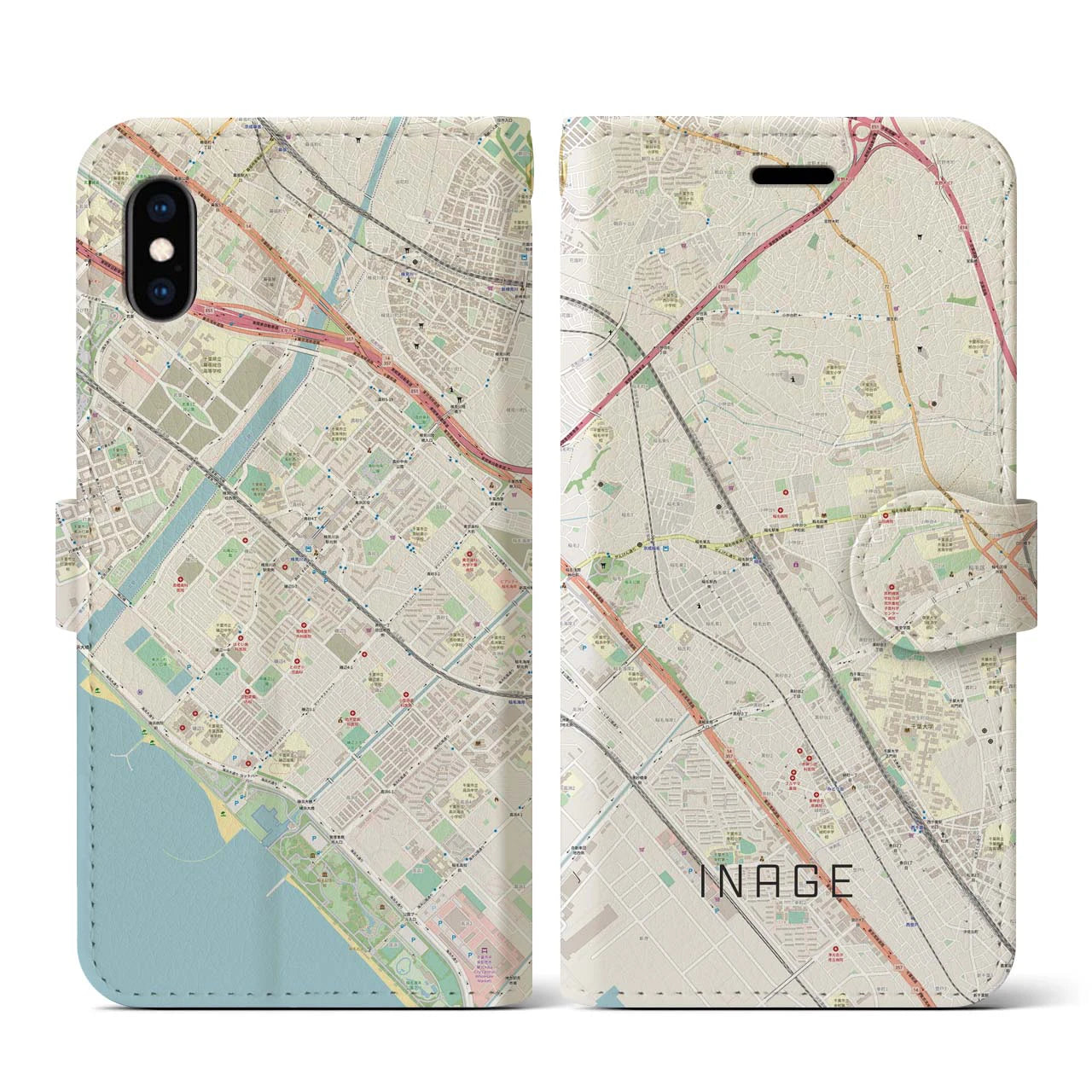 【稲毛】地図柄iPhoneケース（手帳両面タイプ・ナチュラル）iPhone XS / X 用