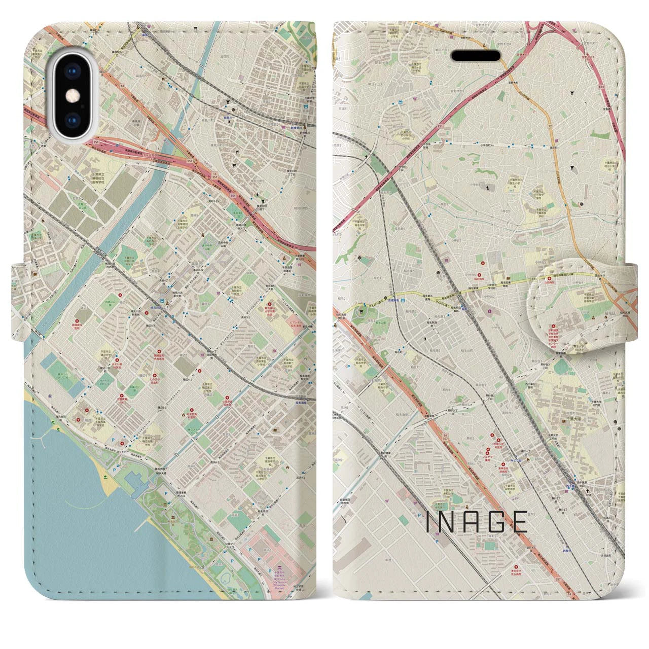 【稲毛】地図柄iPhoneケース（手帳両面タイプ・ナチュラル）iPhone XS Max 用