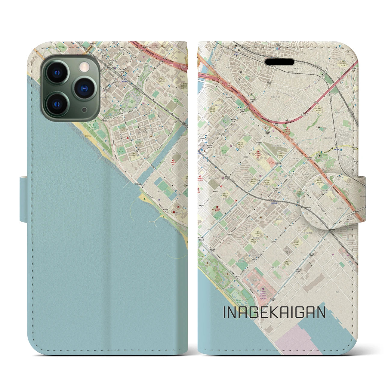 【稲毛海岸】地図柄iPhoneケース（手帳両面タイプ・ナチュラル）iPhone 11 Pro 用