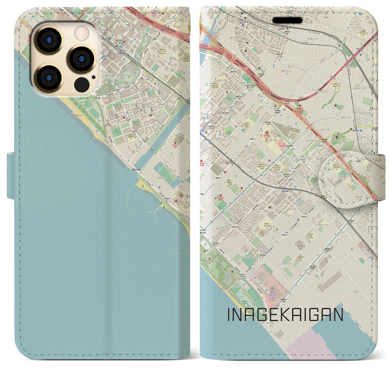 【稲毛海岸】地図柄iPhoneケース（手帳両面タイプ・ナチュラル）iPhone 12 Pro Max 用