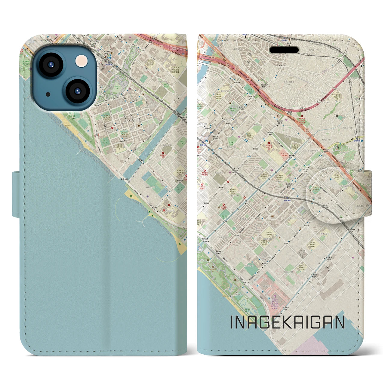 【稲毛海岸】地図柄iPhoneケース（手帳両面タイプ・ナチュラル）iPhone 13 用