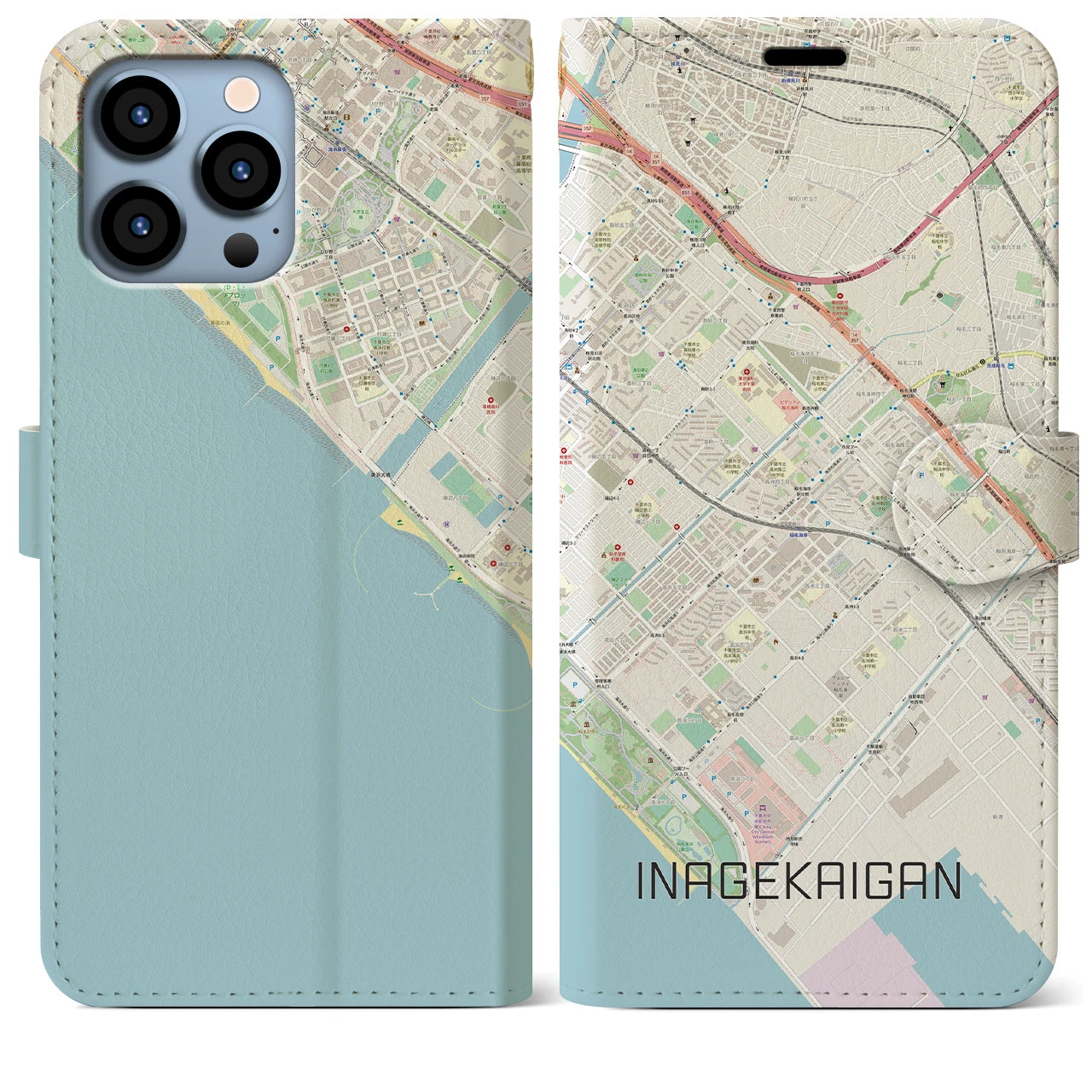 【稲毛海岸】地図柄iPhoneケース（手帳両面タイプ・ナチュラル）iPhone 13 Pro Max 用