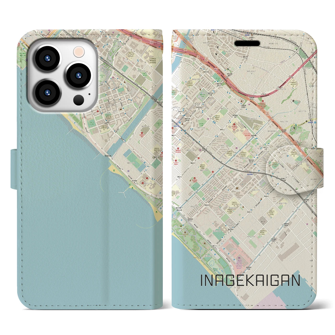 【稲毛海岸】地図柄iPhoneケース（手帳両面タイプ・ナチュラル）iPhone 13 Pro 用
