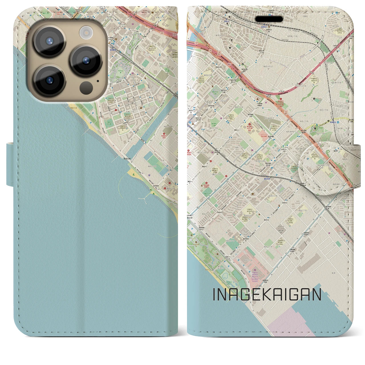 【稲毛海岸】地図柄iPhoneケース（手帳両面タイプ・ナチュラル）iPhone 14 Pro Max 用