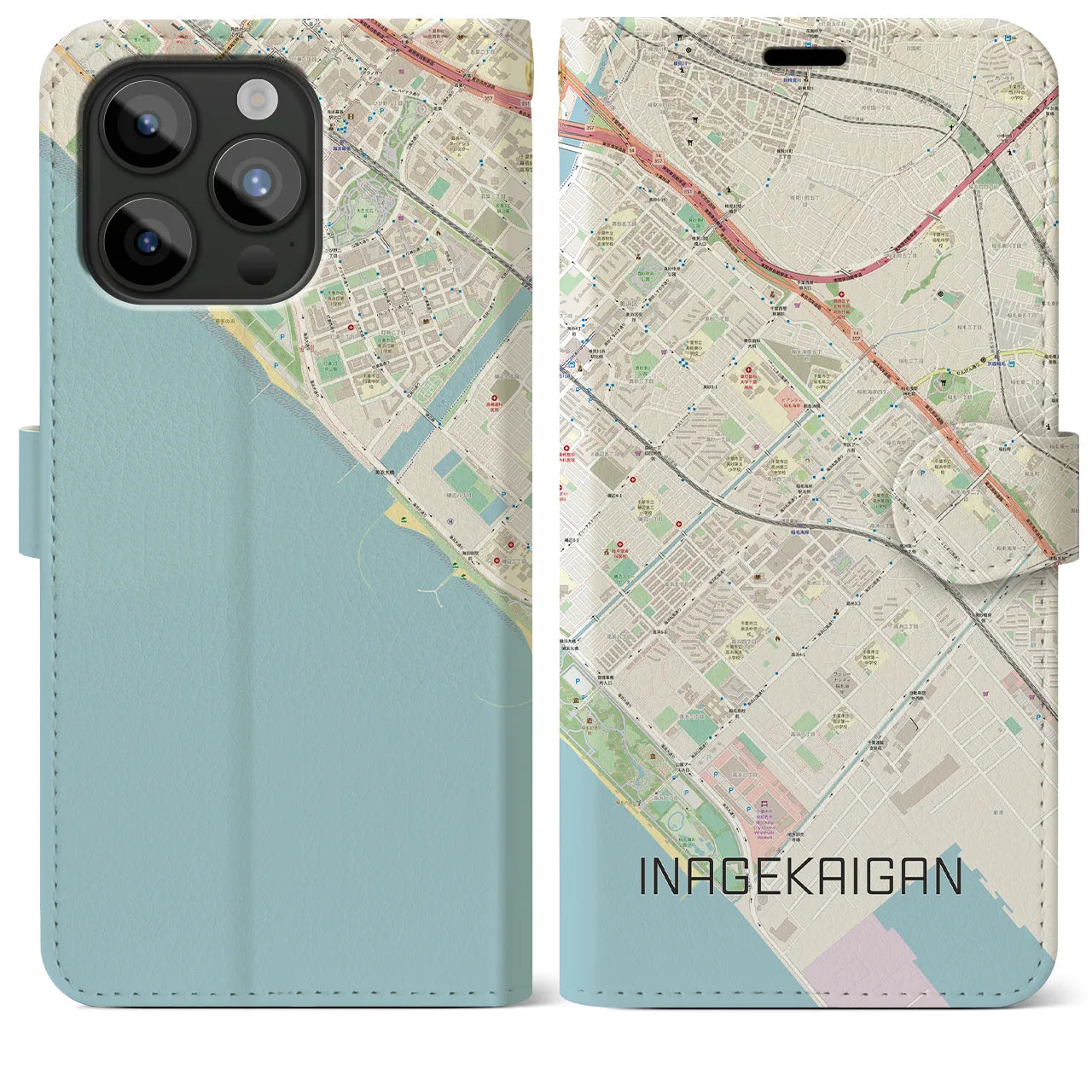 【稲毛海岸】地図柄iPhoneケース（手帳両面タイプ・ナチュラル）iPhone 15 Pro Max 用