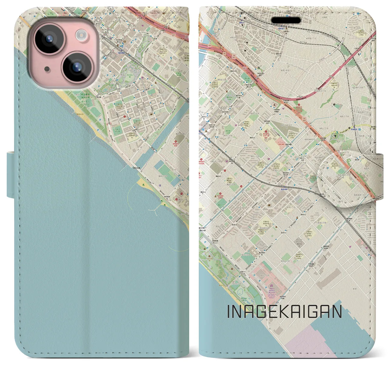 【稲毛海岸】地図柄iPhoneケース（手帳両面タイプ・ナチュラル）iPhone 15 Plus 用