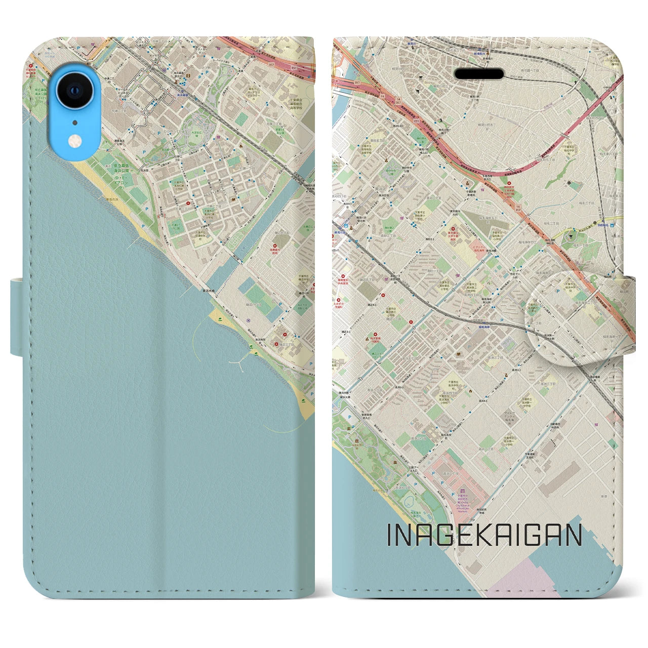 【稲毛海岸】地図柄iPhoneケース（手帳両面タイプ・ナチュラル）iPhone XR 用