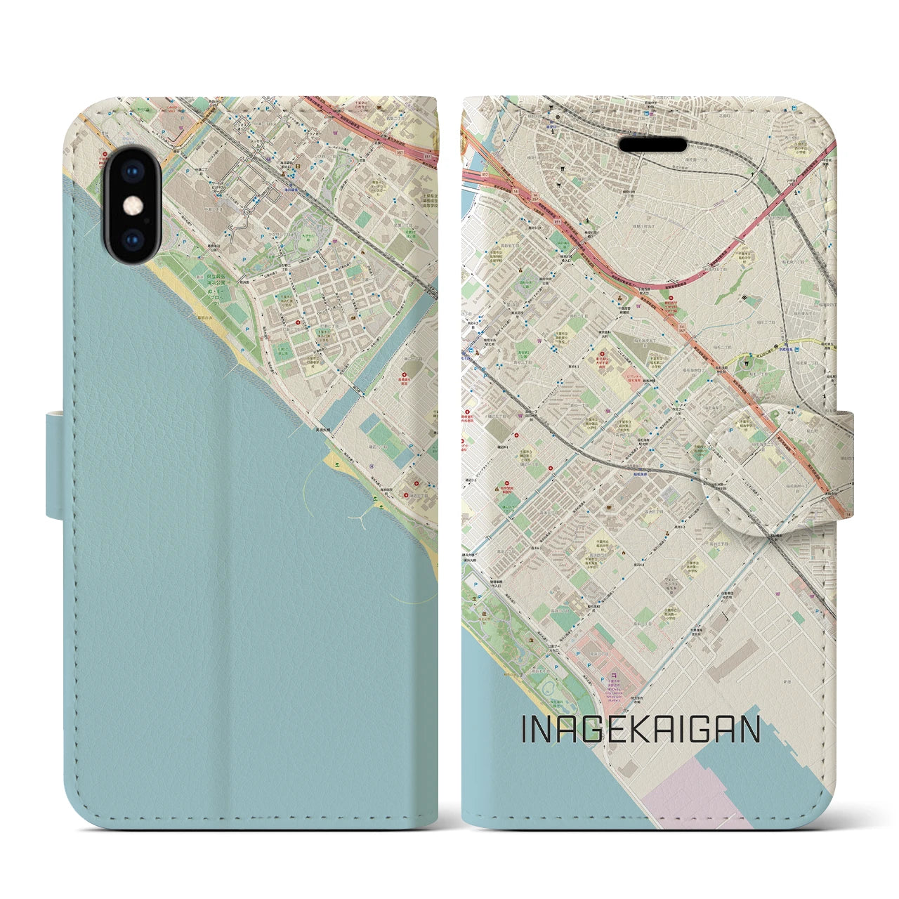 【稲毛海岸】地図柄iPhoneケース（手帳両面タイプ・ナチュラル）iPhone XS / X 用