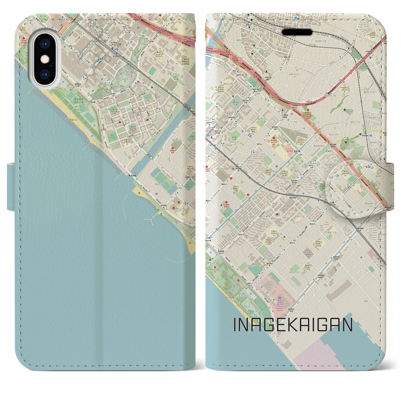 【稲毛海岸】地図柄iPhoneケース（手帳両面タイプ・ナチュラル）iPhone XS Max 用