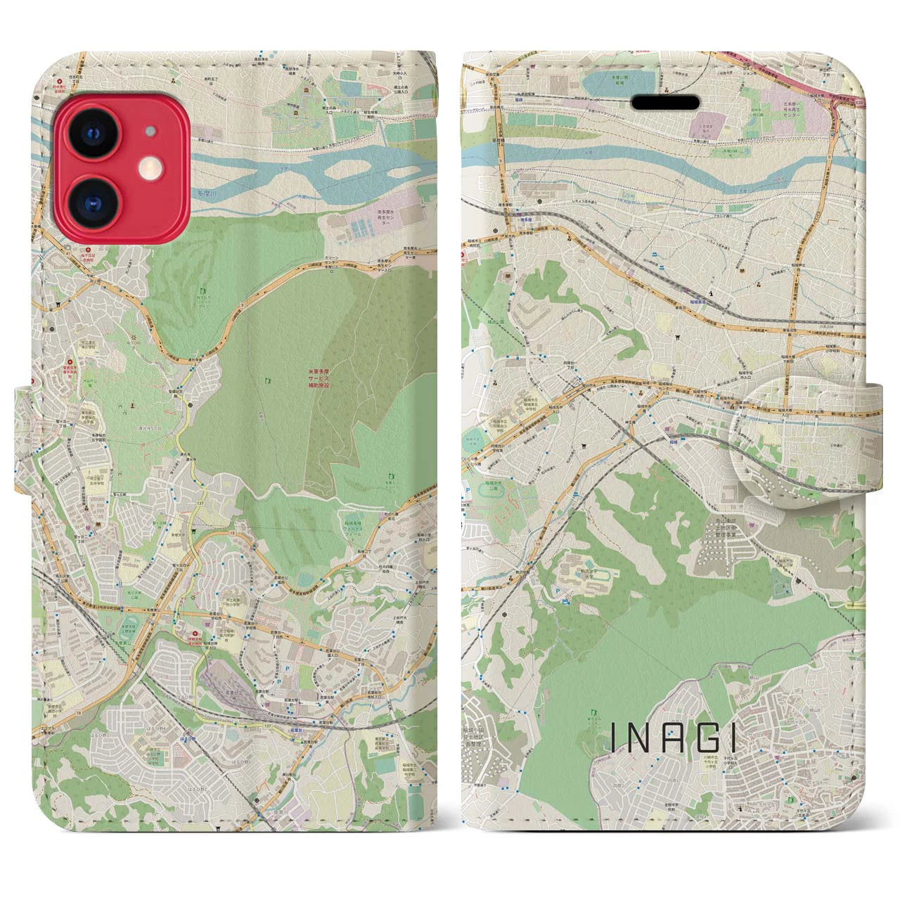 【稲城】地図柄iPhoneケース（手帳両面タイプ・ナチュラル）iPhone 11 用