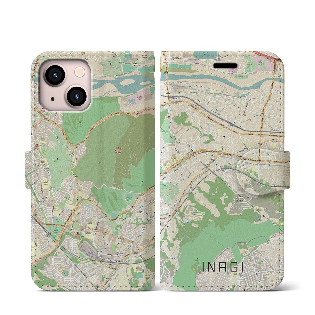 【稲城】地図柄iPhoneケース（手帳両面タイプ・ナチュラル）iPhone 13 mini 用