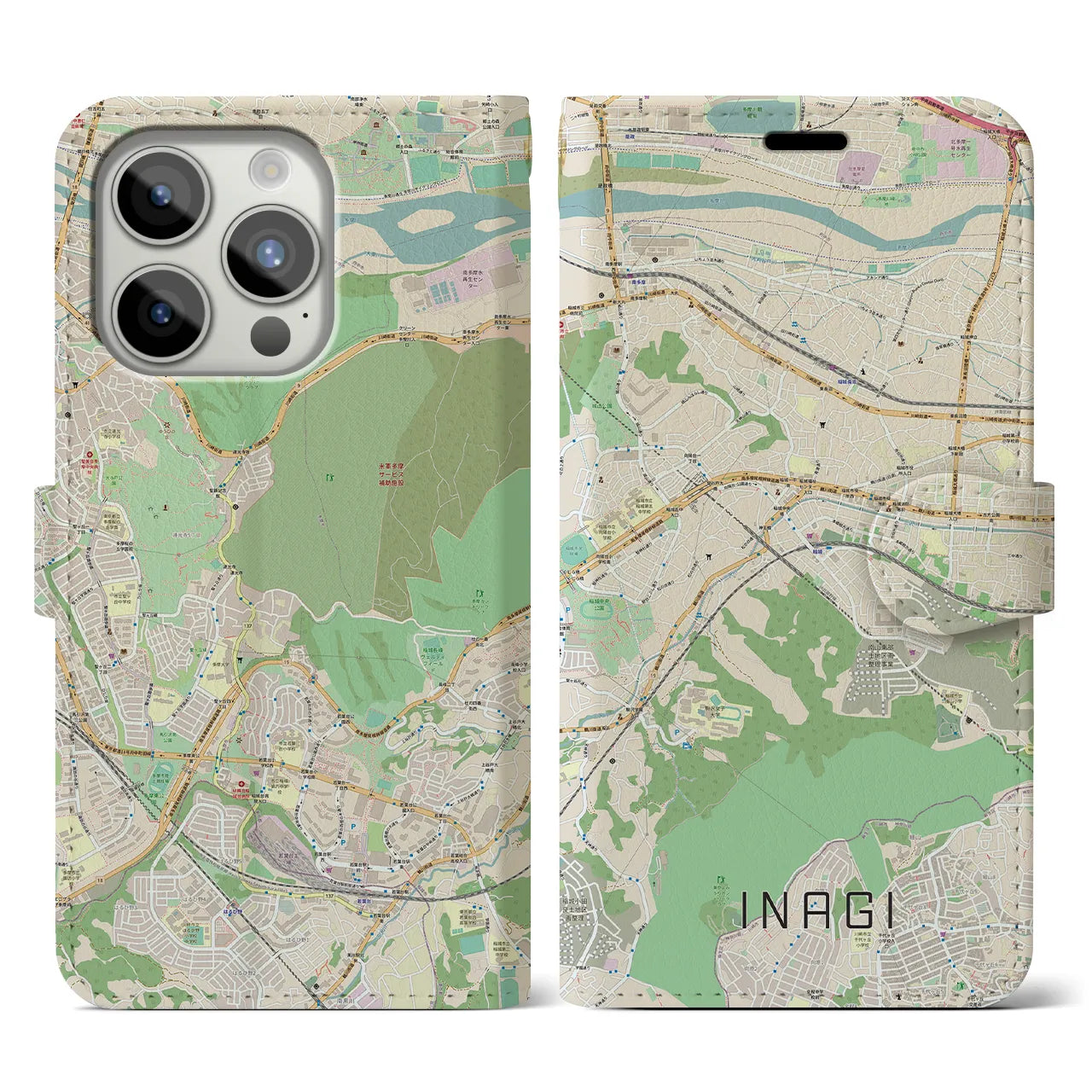 【稲城】地図柄iPhoneケース（手帳両面タイプ・ナチュラル）iPhone 15 Pro 用