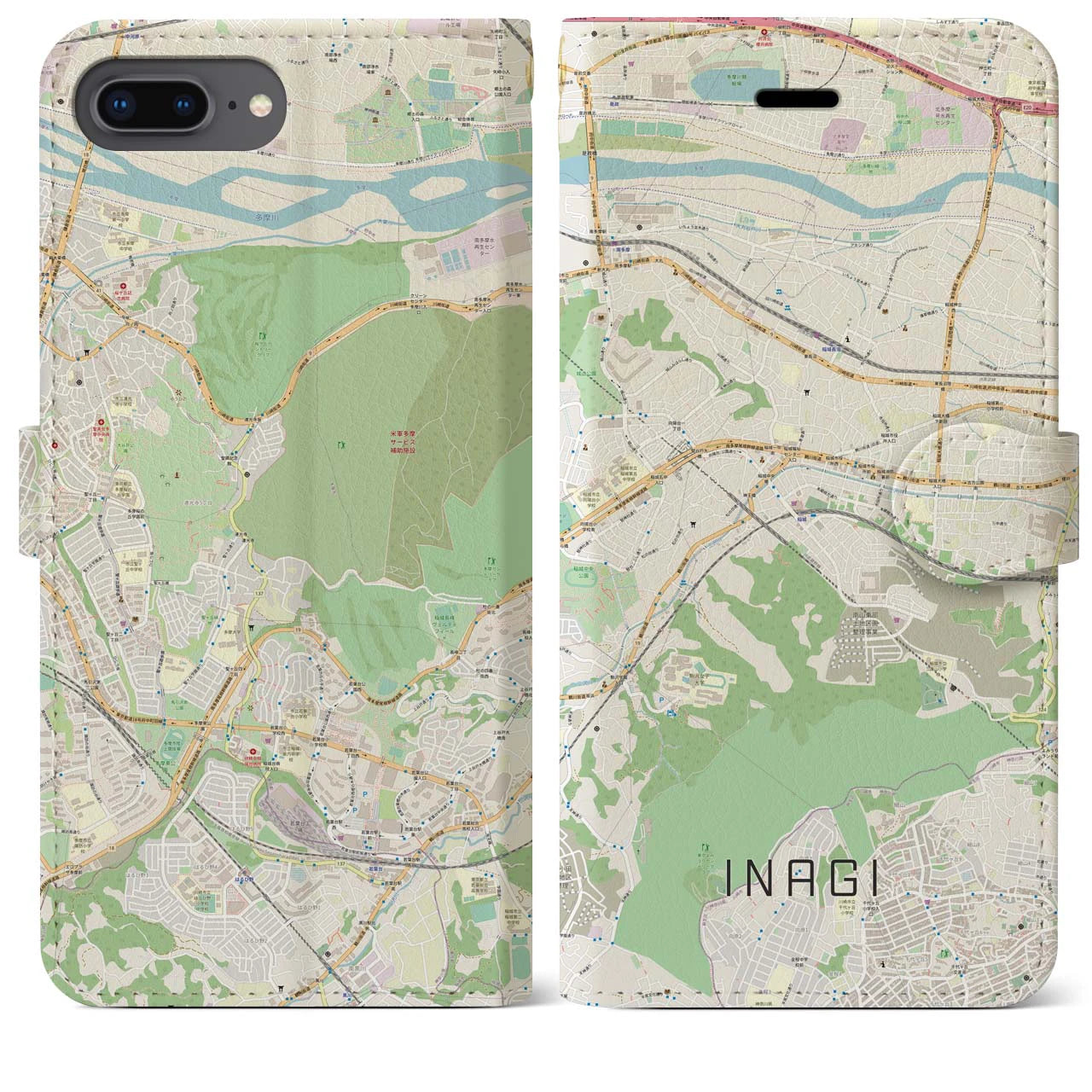 【稲城】地図柄iPhoneケース（手帳両面タイプ・ナチュラル）iPhone 8Plus /7Plus / 6sPlus / 6Plus 用