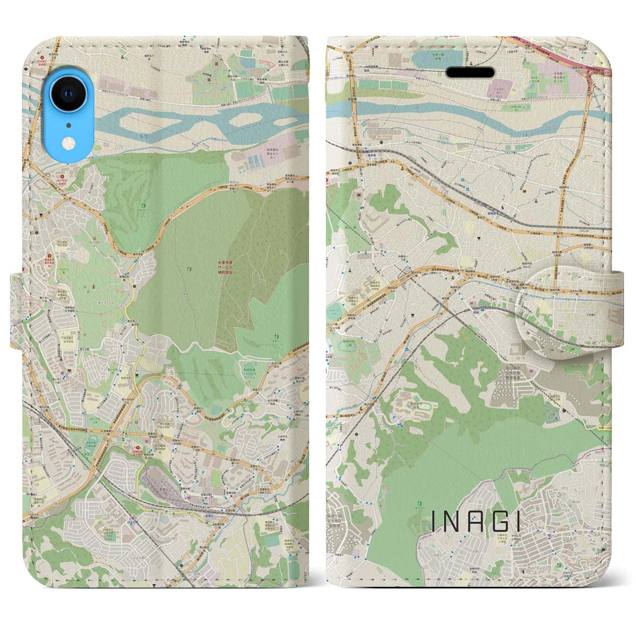 【稲城】地図柄iPhoneケース（手帳両面タイプ・ナチュラル）iPhone XR 用