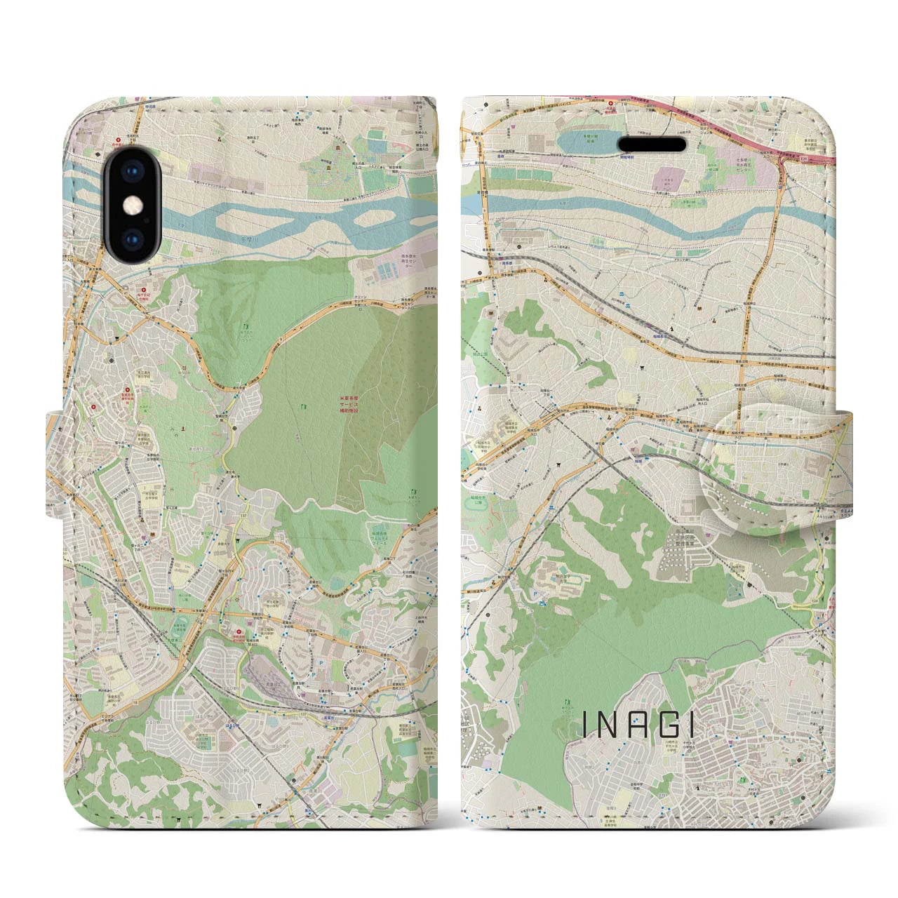 【稲城】地図柄iPhoneケース（手帳両面タイプ・ナチュラル）iPhone XS / X 用