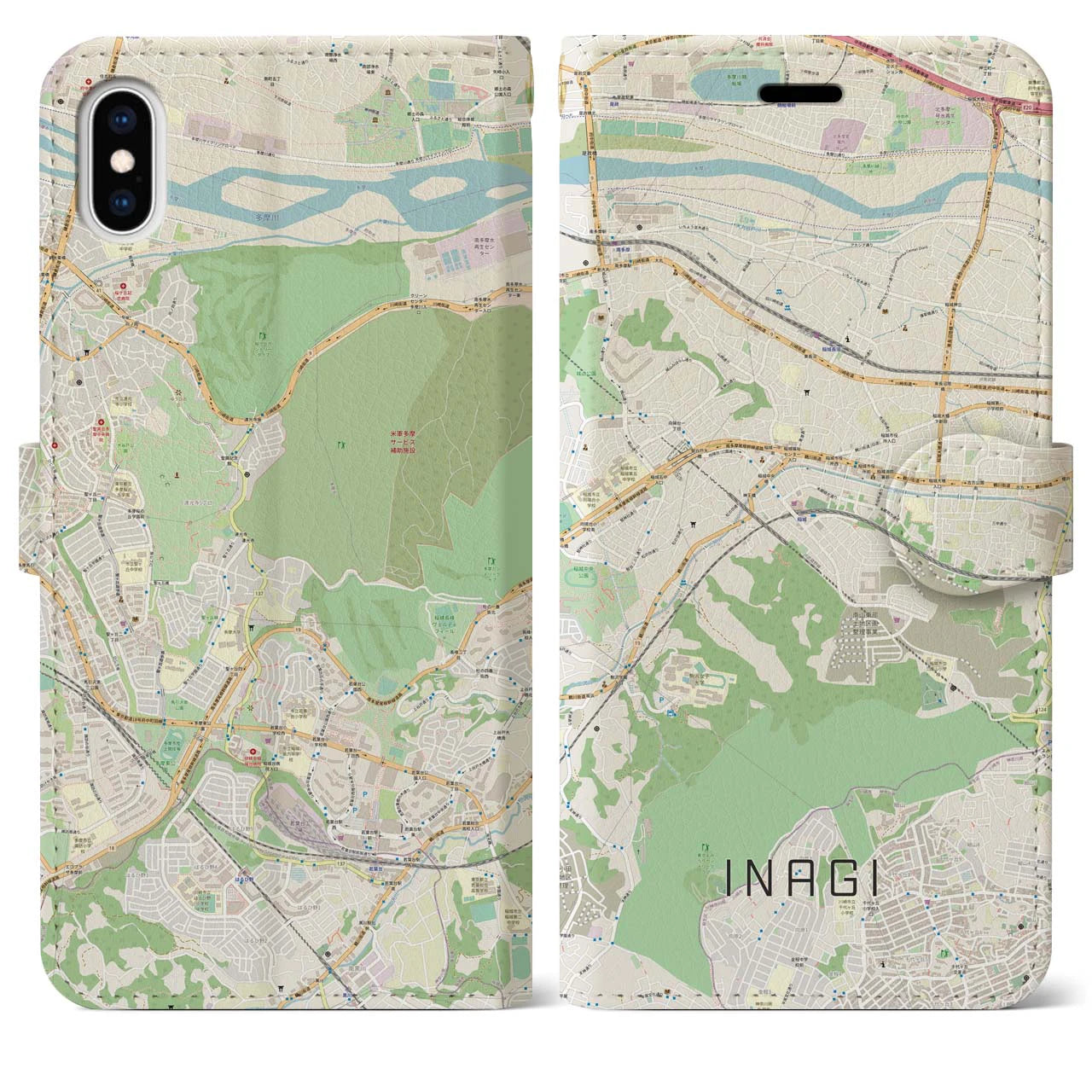【稲城】地図柄iPhoneケース（手帳両面タイプ・ナチュラル）iPhone XS Max 用
