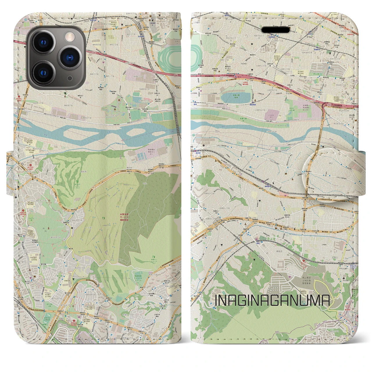 【稲城長沼】地図柄iPhoneケース（手帳両面タイプ・ナチュラル）iPhone 11 Pro Max 用