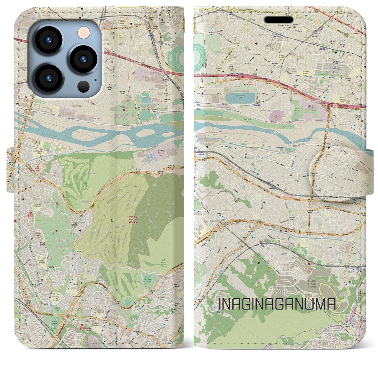 【稲城長沼】地図柄iPhoneケース（手帳両面タイプ・ナチュラル）iPhone 13 Pro Max 用