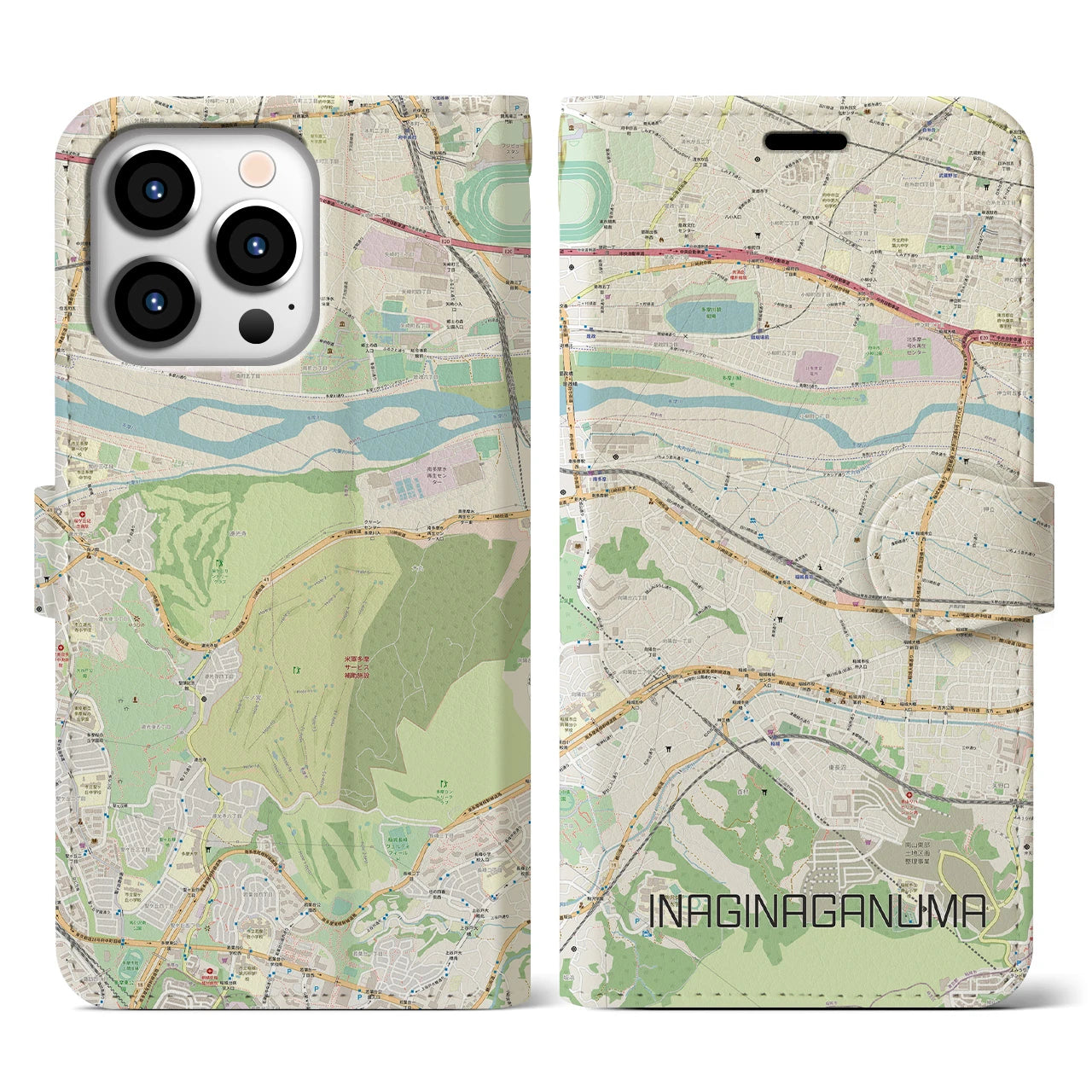 【稲城長沼】地図柄iPhoneケース（手帳両面タイプ・ナチュラル）iPhone 13 Pro 用