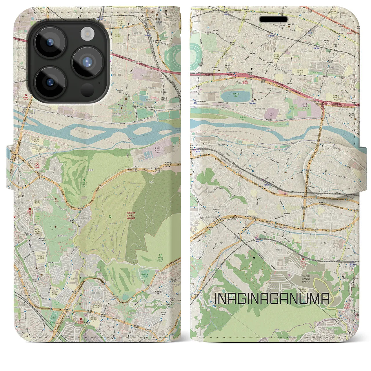 【稲城長沼】地図柄iPhoneケース（手帳両面タイプ・ナチュラル）iPhone 15 Pro Max 用