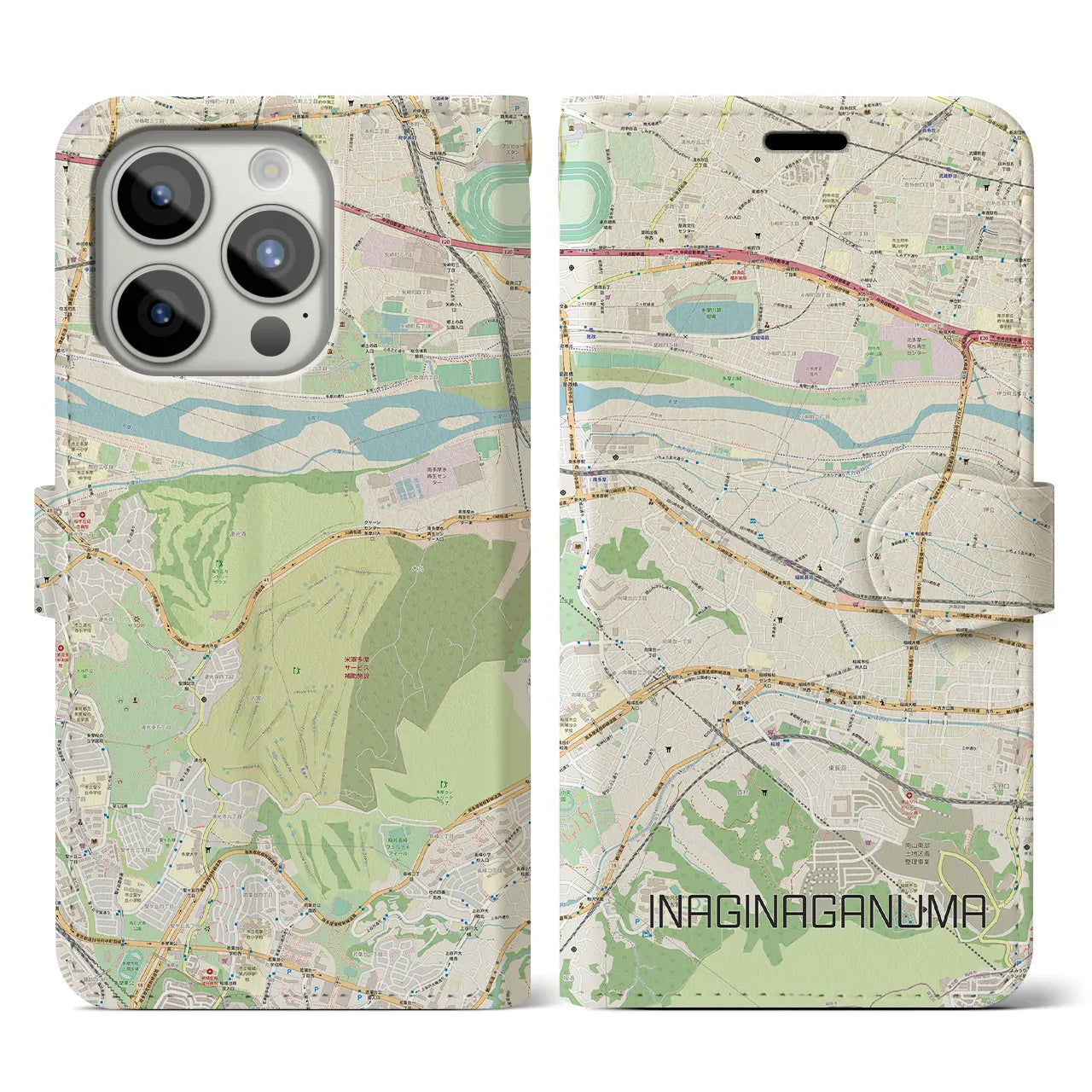 【稲城長沼】地図柄iPhoneケース（手帳両面タイプ・ナチュラル）iPhone 15 Pro 用