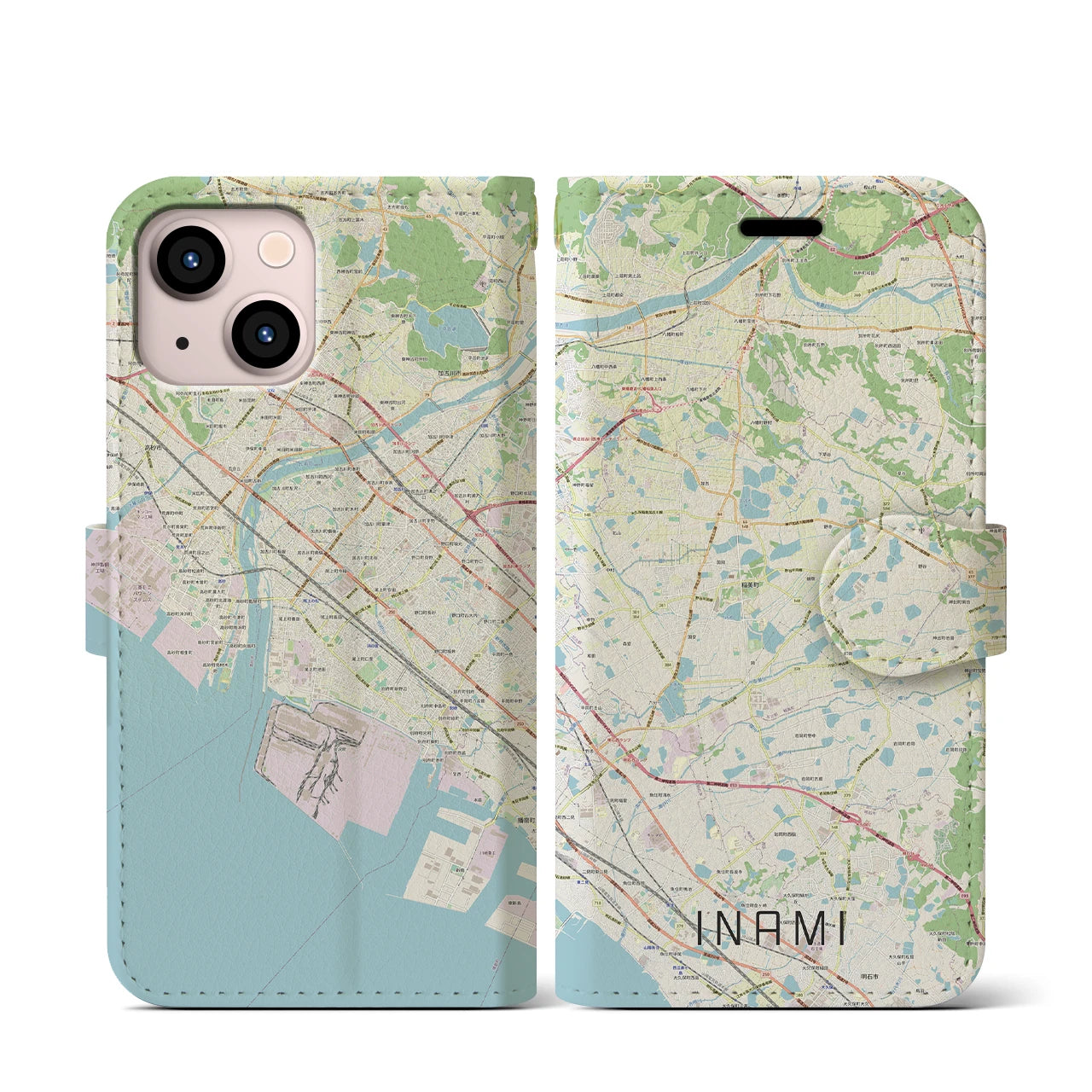 【稲美】地図柄iPhoneケース（手帳両面タイプ・ナチュラル）iPhone 13 mini 用