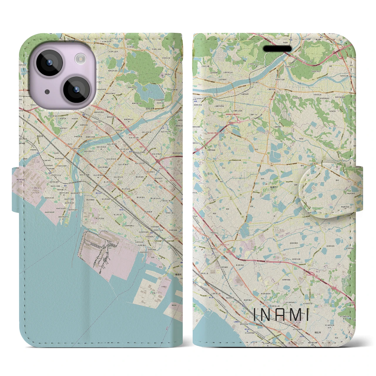 【稲美】地図柄iPhoneケース（手帳両面タイプ・ナチュラル）iPhone 14 用