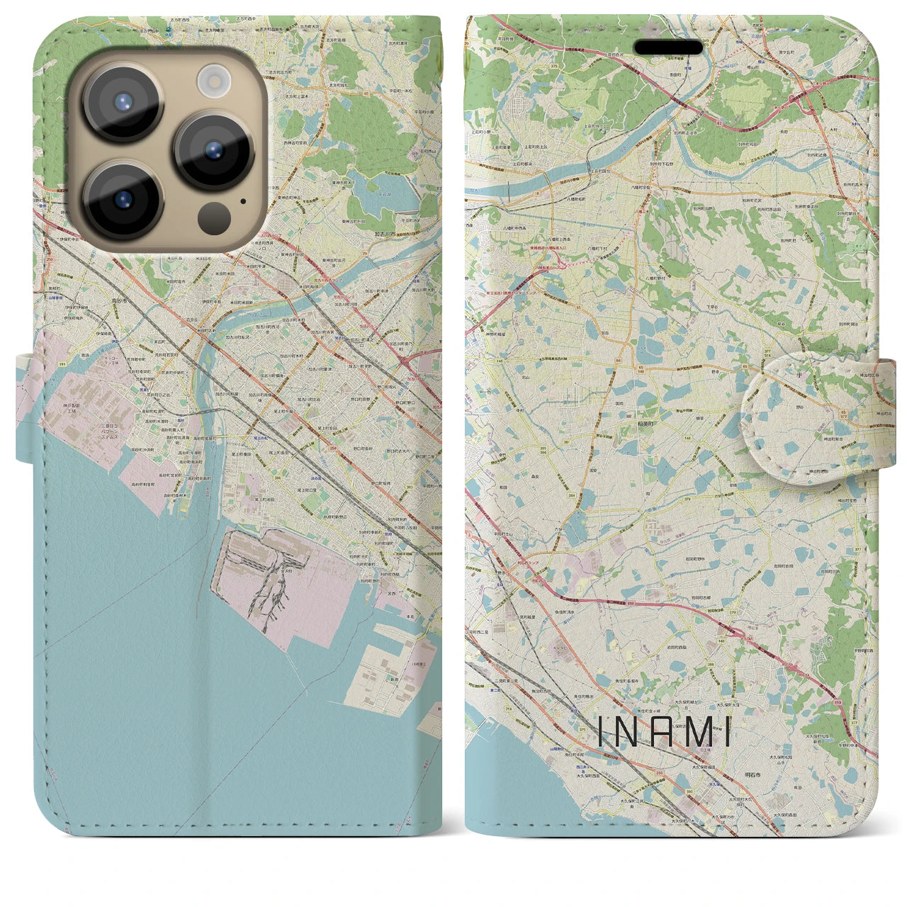 【稲美】地図柄iPhoneケース（手帳両面タイプ・ナチュラル）iPhone 14 Pro Max 用