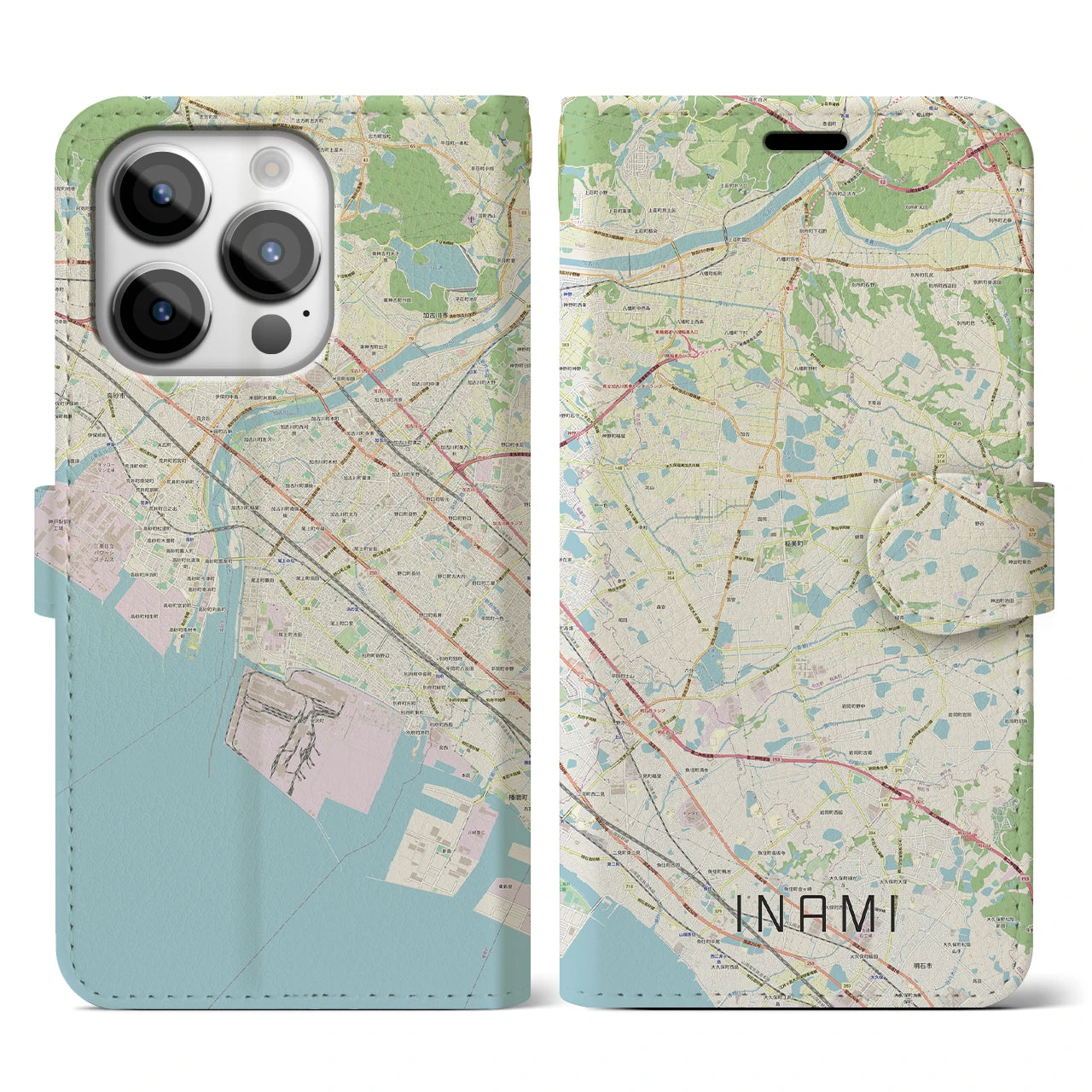 【稲美】地図柄iPhoneケース（手帳両面タイプ・ナチュラル）iPhone 14 Pro 用