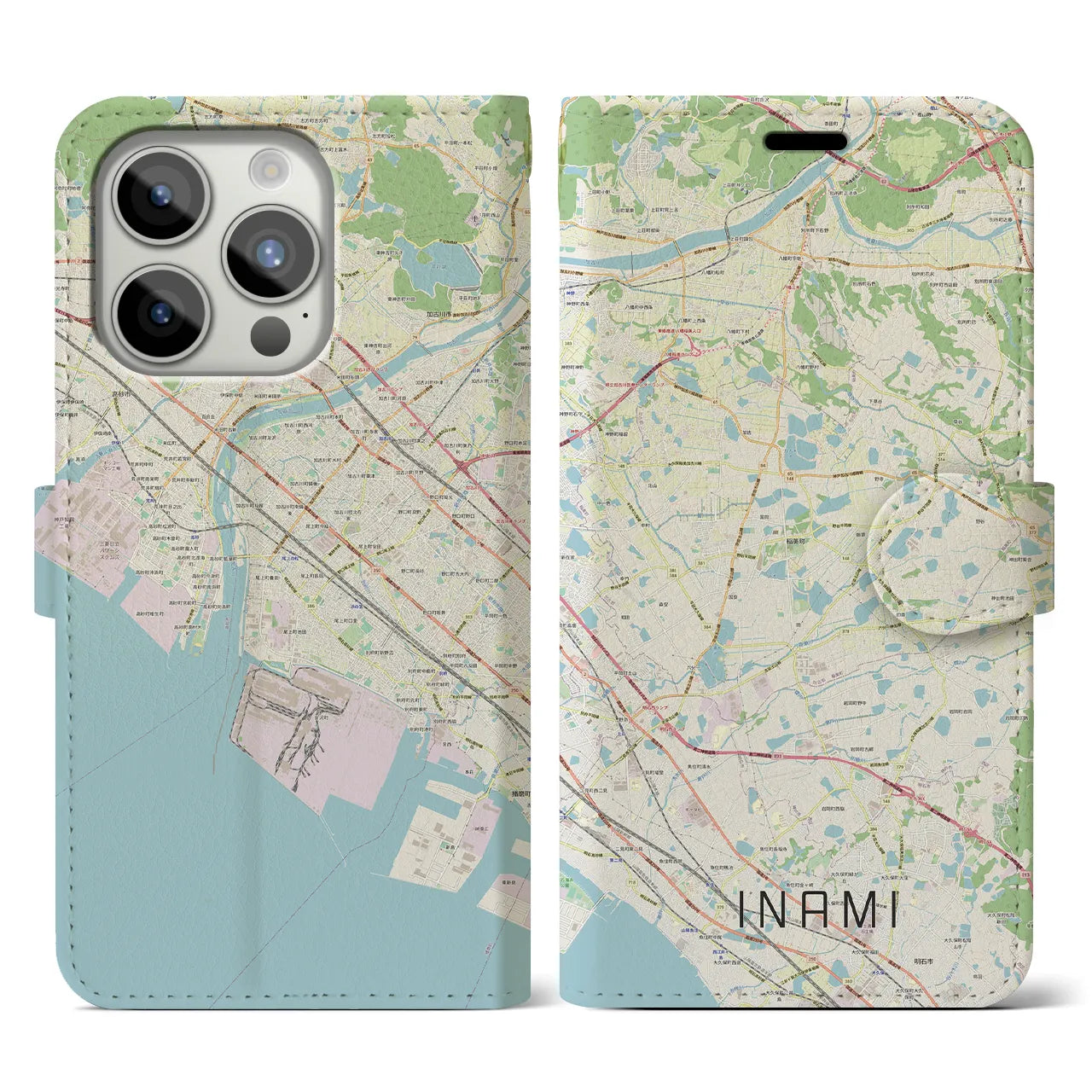【稲美】地図柄iPhoneケース（手帳両面タイプ・ナチュラル）iPhone 15 Pro 用