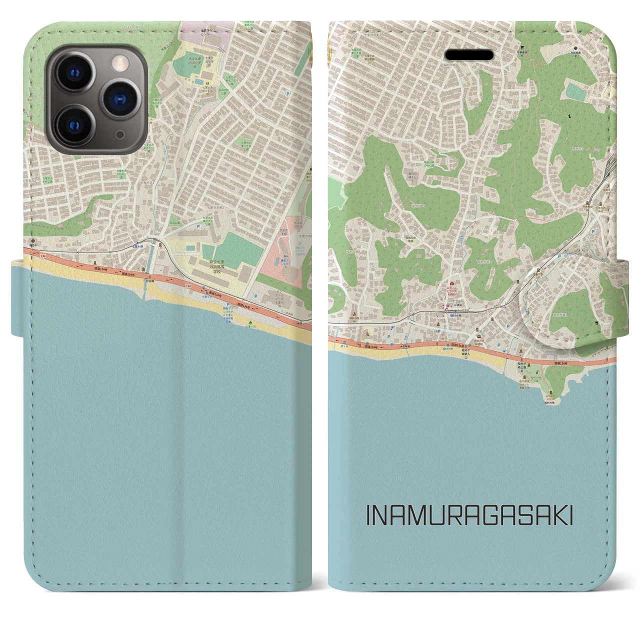 【稲村ヶ崎】地図柄iPhoneケース（手帳両面タイプ・ナチュラル）iPhone 11 Pro Max 用
