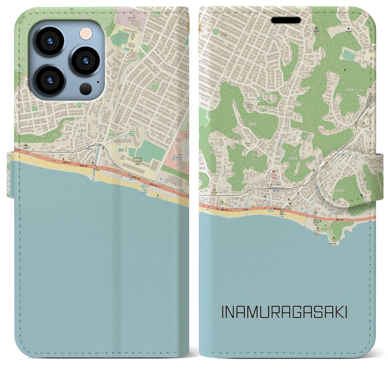 【稲村ヶ崎】地図柄iPhoneケース（手帳両面タイプ・ナチュラル）iPhone 13 Pro Max 用