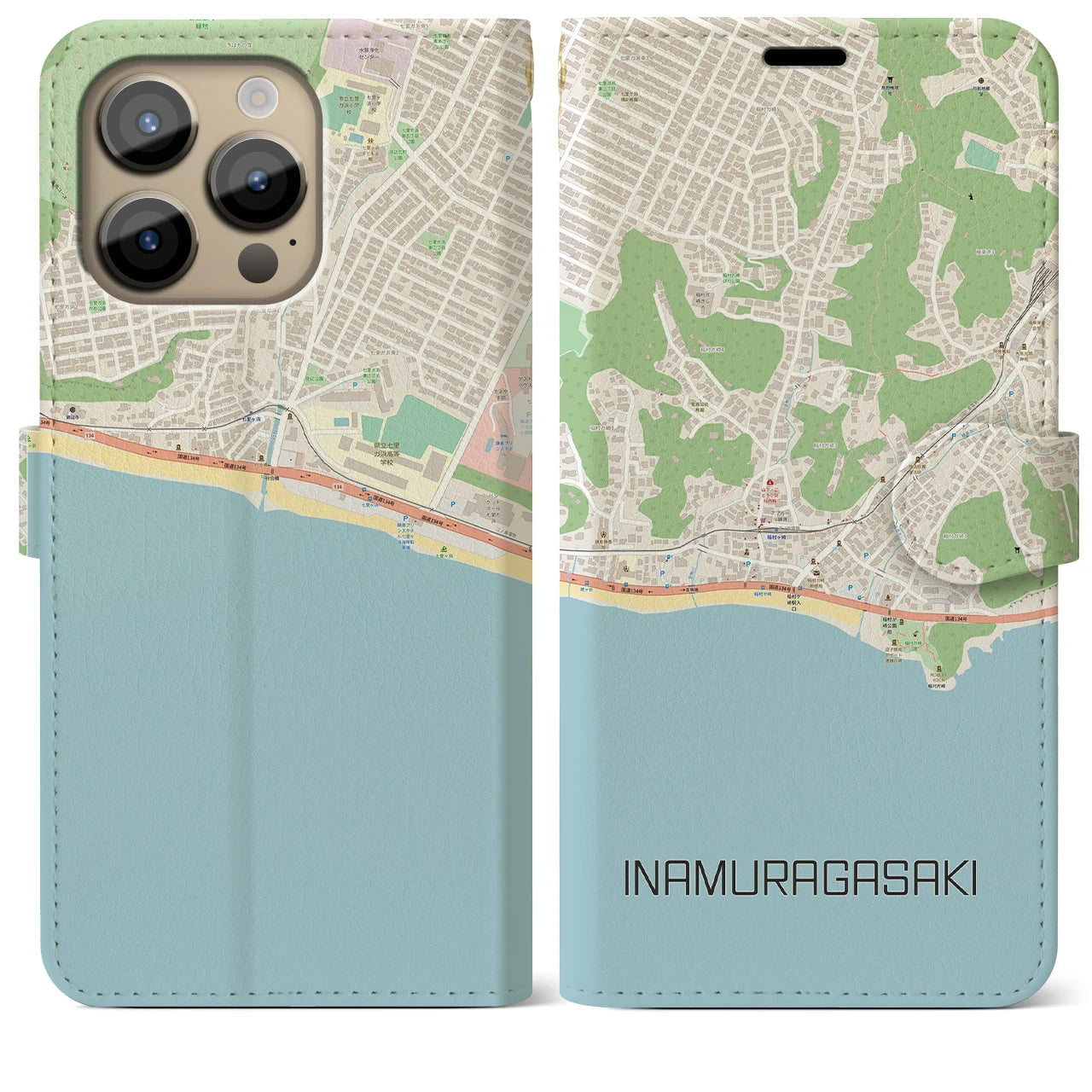 【稲村ヶ崎】地図柄iPhoneケース（手帳両面タイプ・ナチュラル）iPhone 14 Pro Max 用