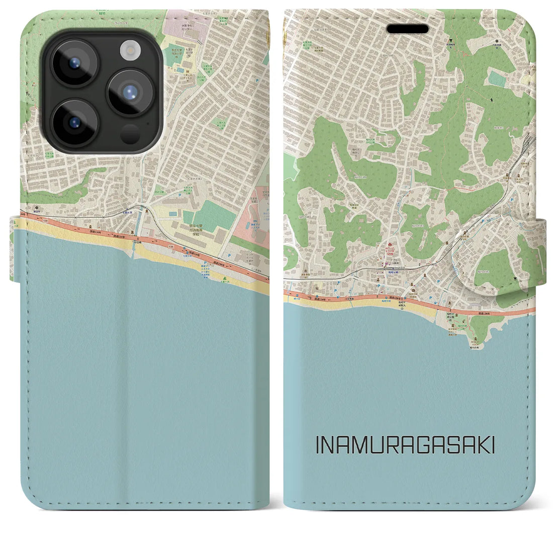 【稲村ヶ崎】地図柄iPhoneケース（手帳両面タイプ・ナチュラル）iPhone 15 Pro Max 用