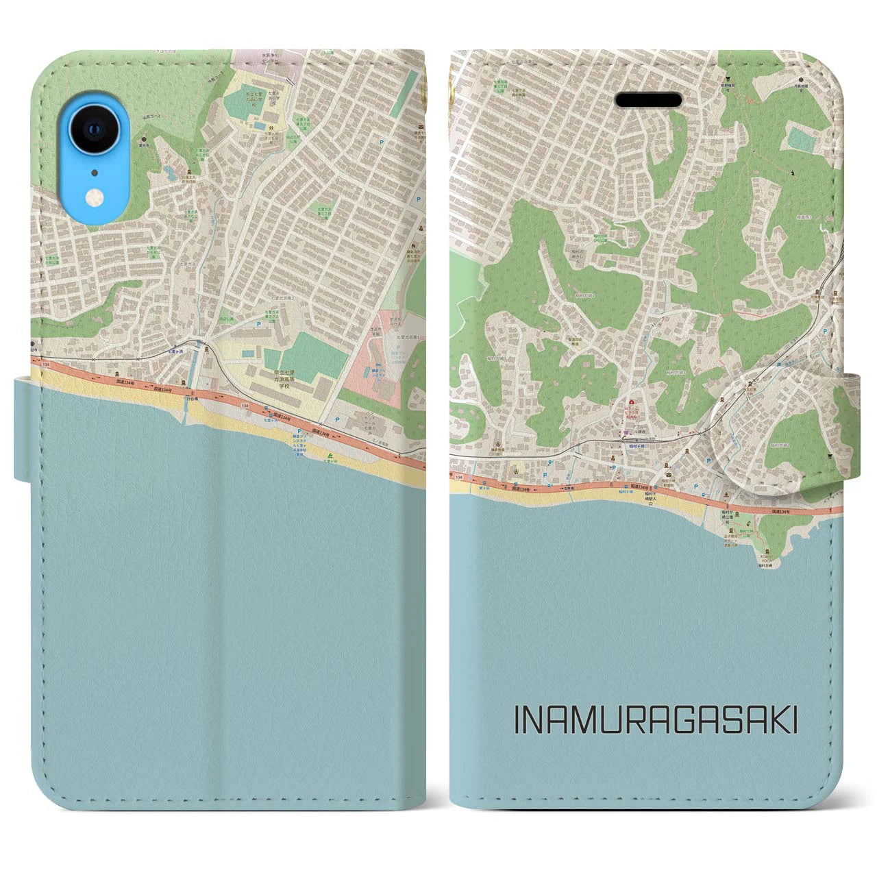 【稲村ヶ崎】地図柄iPhoneケース（手帳両面タイプ・ナチュラル）iPhone XR 用