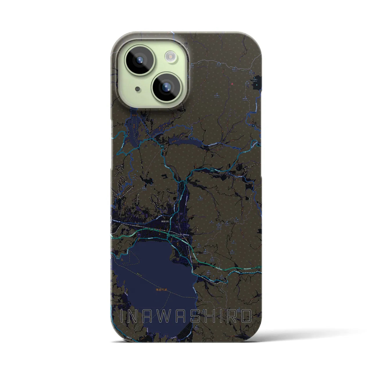 【猪苗代】地図柄iPhoneケース（バックカバータイプ・ブラック）iPhone 15 用
