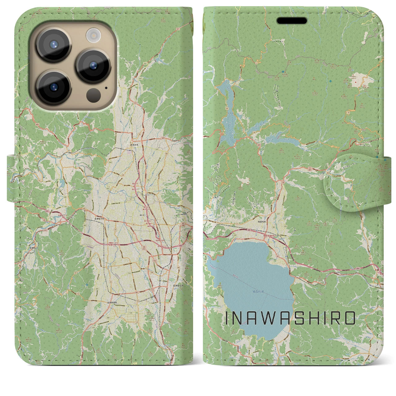 【猪苗代】地図柄iPhoneケース（手帳両面タイプ・ナチュラル）iPhone 14 Pro Max 用