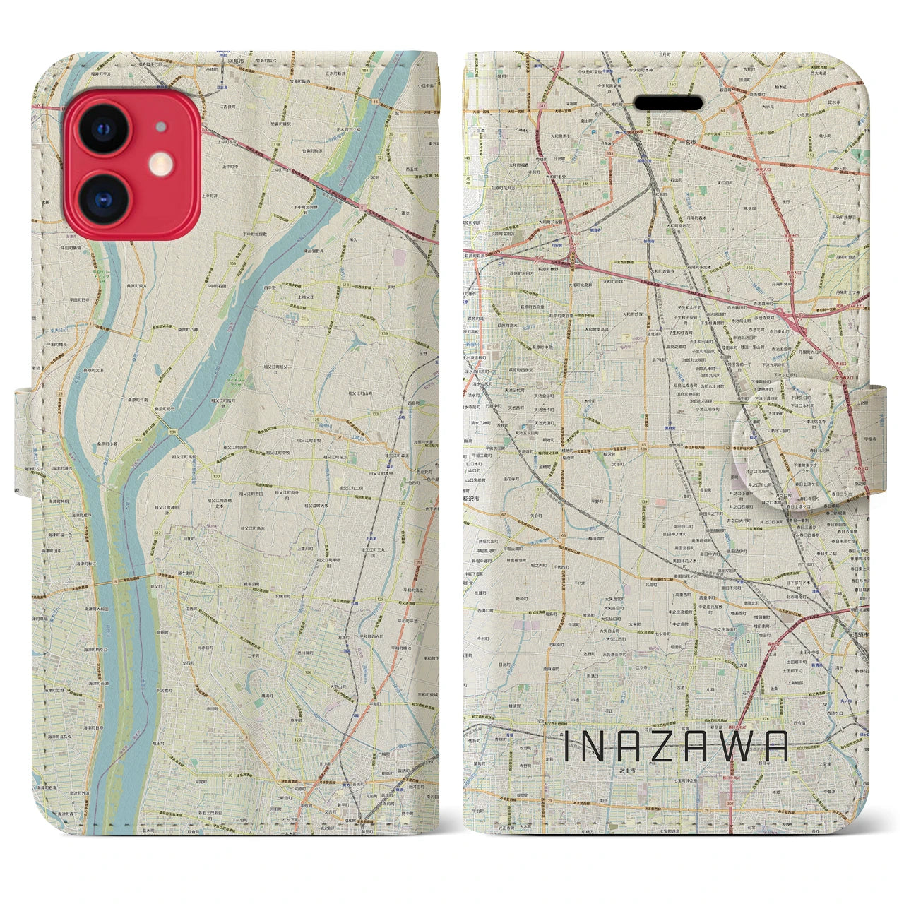 【稲沢】地図柄iPhoneケース（手帳両面タイプ・ナチュラル）iPhone 11 用