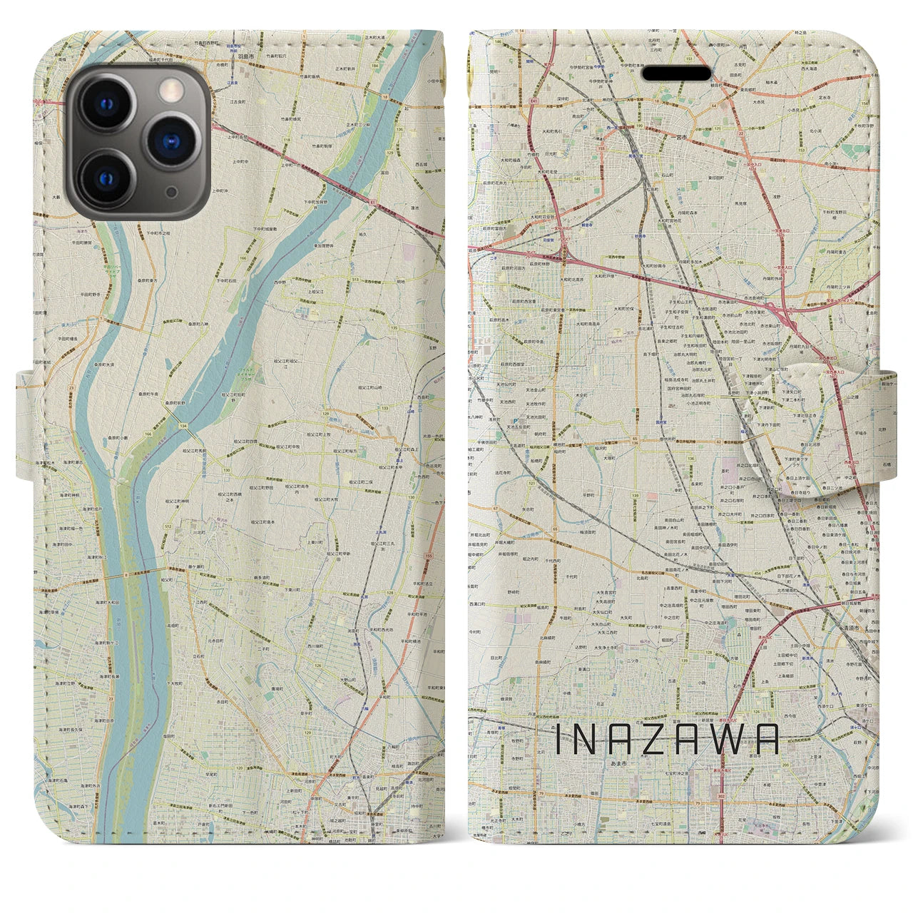 【稲沢】地図柄iPhoneケース（手帳両面タイプ・ナチュラル）iPhone 11 Pro Max 用