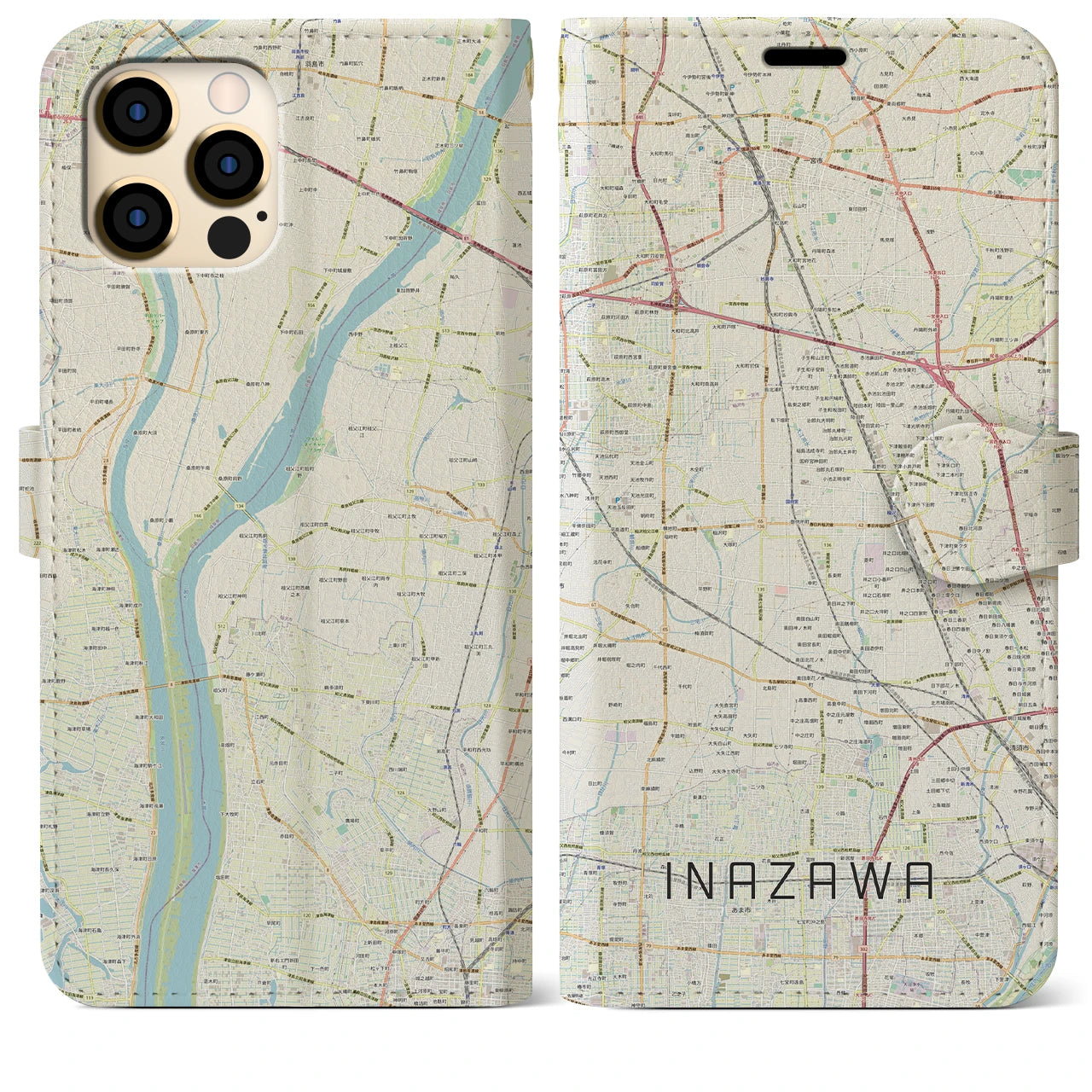 【稲沢】地図柄iPhoneケース（手帳両面タイプ・ナチュラル）iPhone 12 Pro Max 用