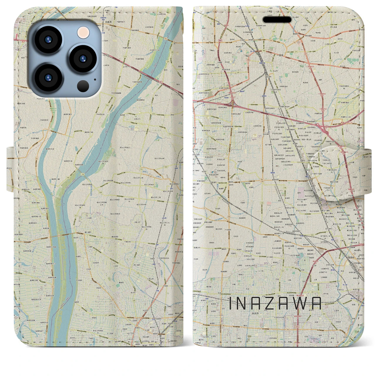 【稲沢】地図柄iPhoneケース（手帳両面タイプ・ナチュラル）iPhone 13 Pro Max 用