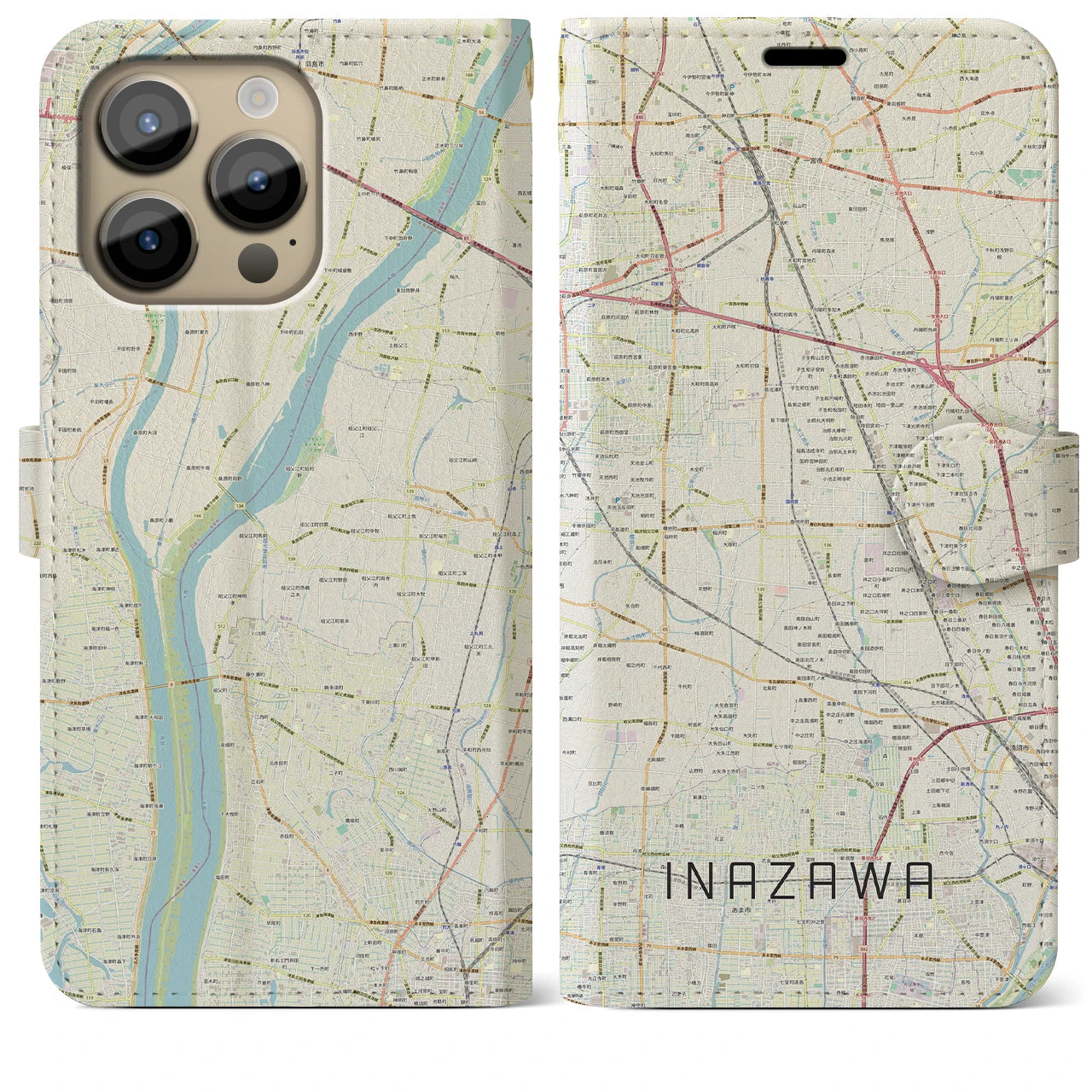 【稲沢】地図柄iPhoneケース（手帳両面タイプ・ナチュラル）iPhone 14 Pro Max 用