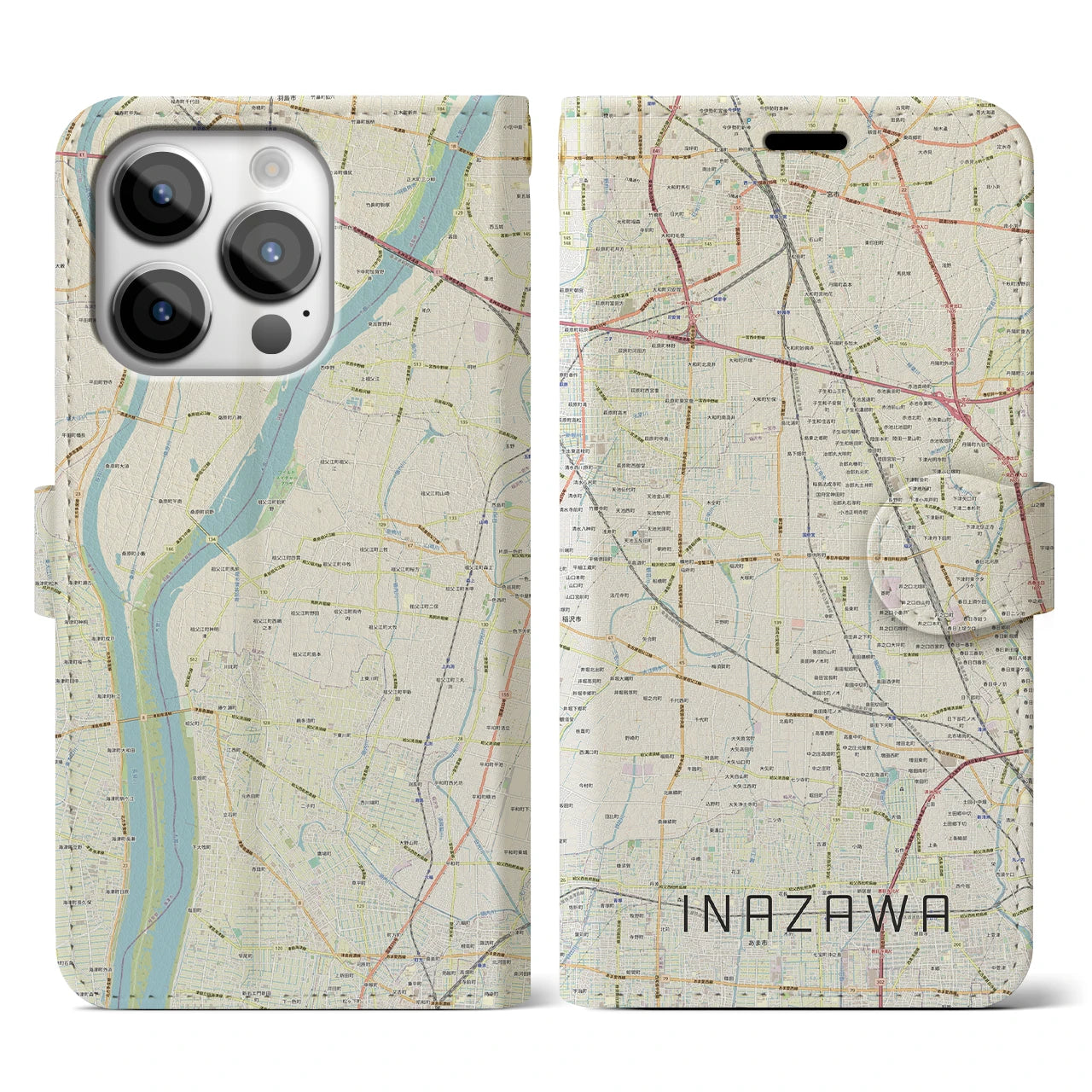 【稲沢】地図柄iPhoneケース（手帳両面タイプ・ナチュラル）iPhone 14 Pro 用
