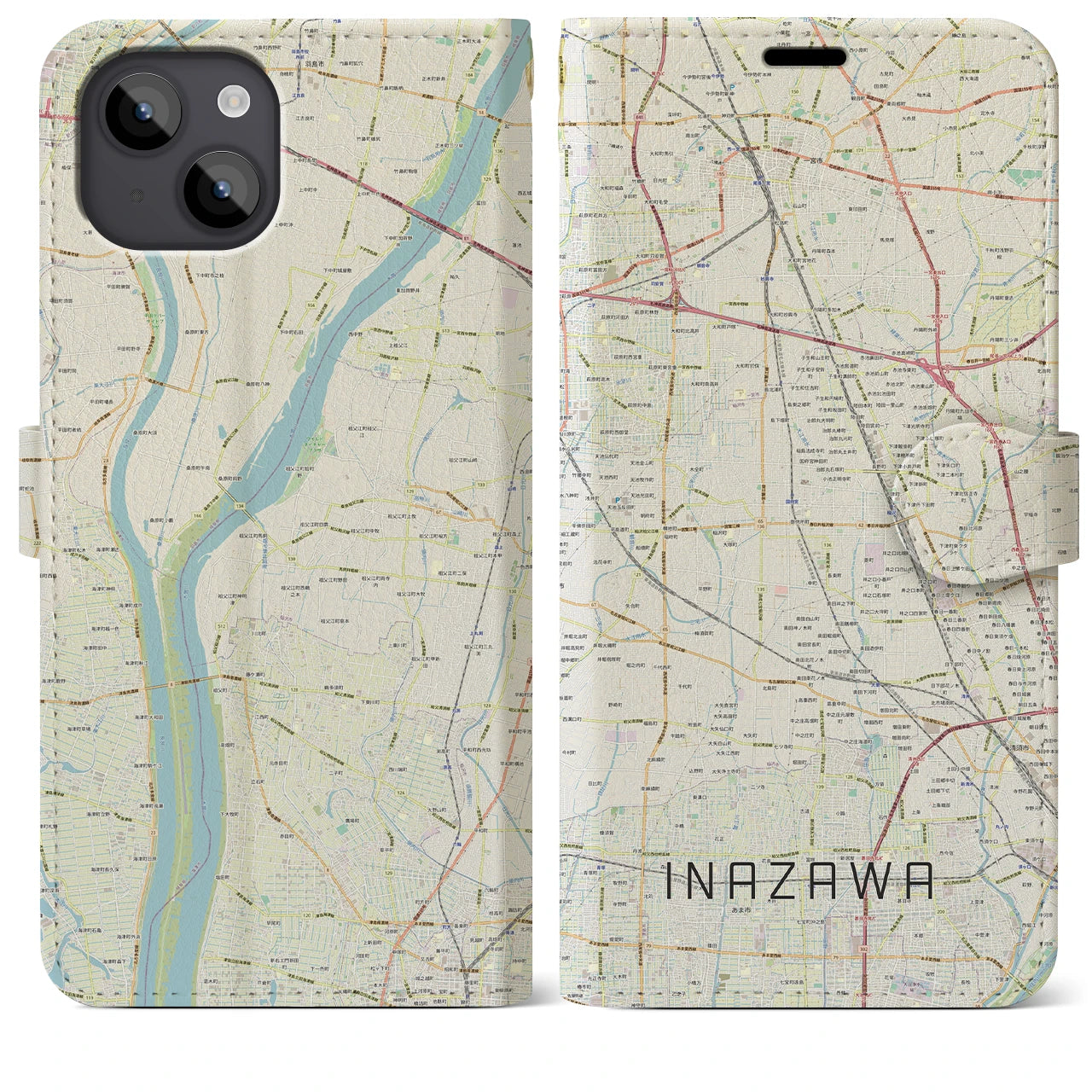 【稲沢】地図柄iPhoneケース（手帳両面タイプ・ナチュラル）iPhone 14 Plus 用