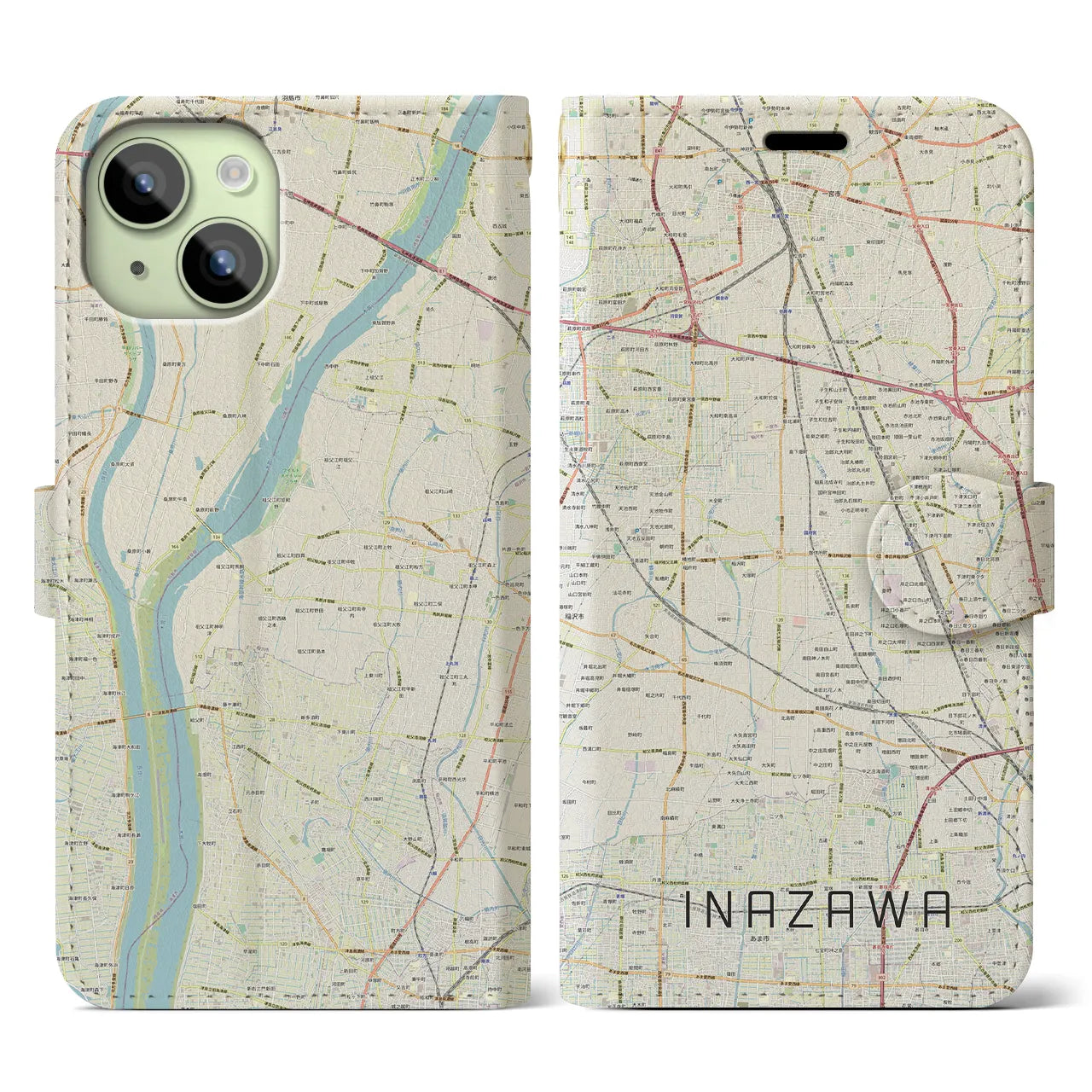【稲沢】地図柄iPhoneケース（手帳両面タイプ・ナチュラル）iPhone 15 用